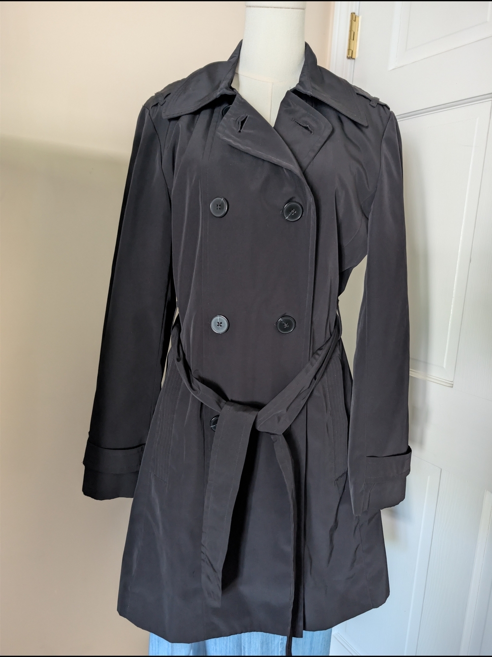 FOG by London Fog Black Belted Trench Coat Double Breasted Sz L
